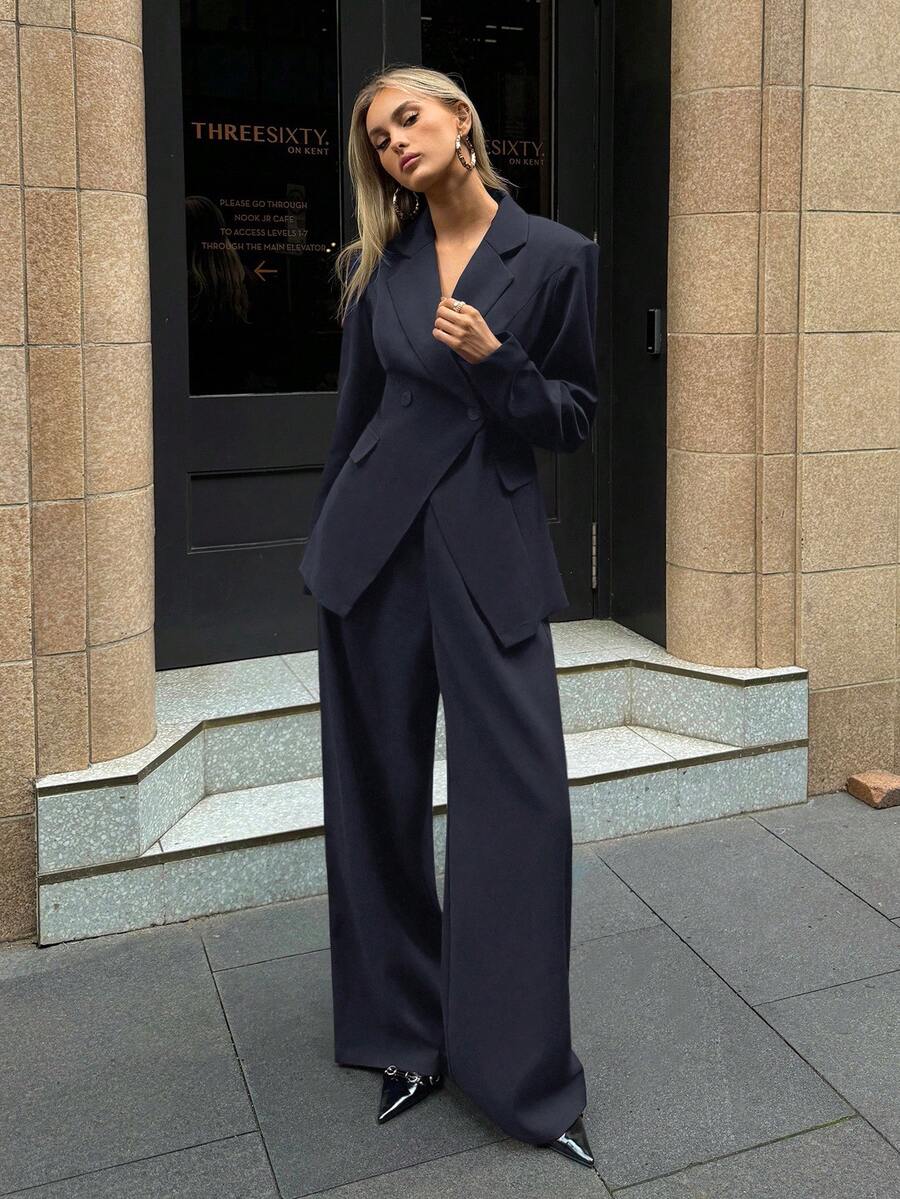 Black notched collar blazer pants suit set front view