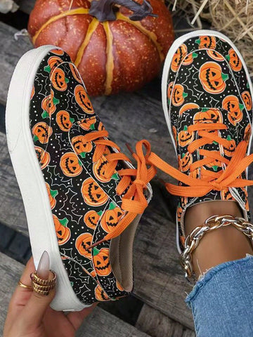 These Women Plus Size Pumpkin & Skull Printed Casual Lace-Up Sneakers are perfect for the fall and spring seasons. Their casual lace-up design makes them easy to wear, while the pumpkin and skull print adds a fun touch. With a range of sizes available, these sneakers are sure to be a comfortable and stylish addition to any wardrobe.