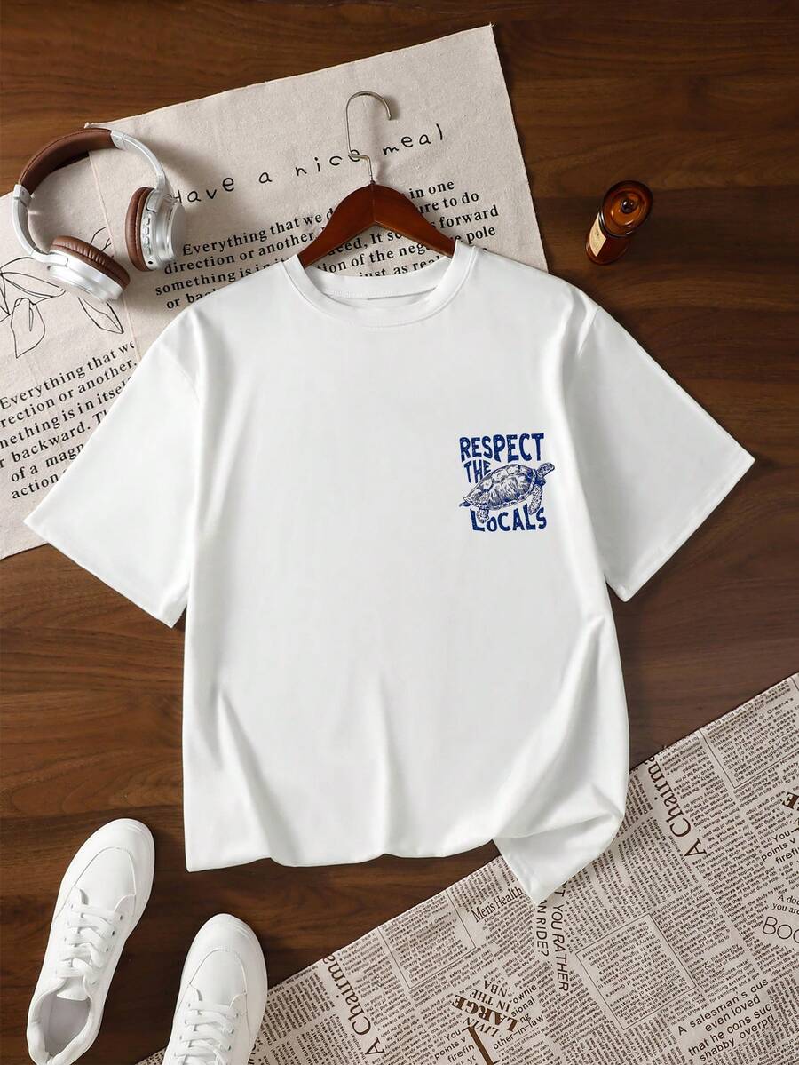 Dive into coastal style with this Women "Respect The Locals" Sea Turtle Graphic T-Shirt. Featuring a striking blue ocean life print on a crisp white tee, this short-sleeve round neck design captures the essence of beach vacation vibes and summer adventures. Perfect for those who embrace a loose, casual fit, this tee blends comfort with an effortless coastal aesthetic. 