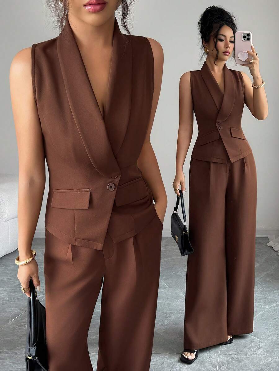 Brown two piece vest and wide leg pants suit set with button detail
