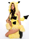 Front view of yellow hooded anime cosplay bodysuit with fuzzy patchwork and arm sleeves