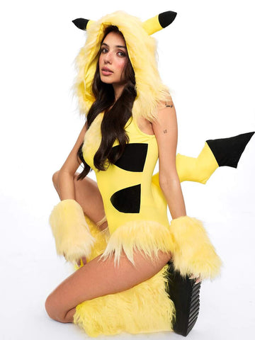 Front view of yellow hooded anime cosplay bodysuit with fuzzy patchwork and arm sleeves