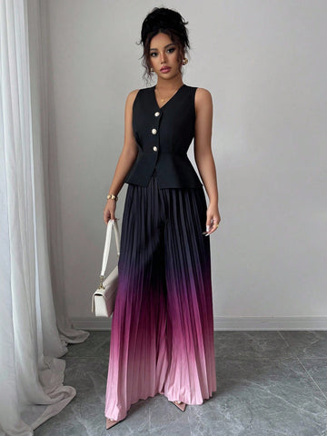 Elevate your fall wardrobe with this chic 2-piece outfit set designed for effortless style. The sleeveless button-up vest features a stunning pleated ombre design that transitions beautifully through autumn hues, making it the perfect layering piece for any occasion. Pair it with the coordinating bottom to create a polished, put-together look that works from brunch to evening plans. Versatile, on-trend, and ready to become your new seasonal favorite!