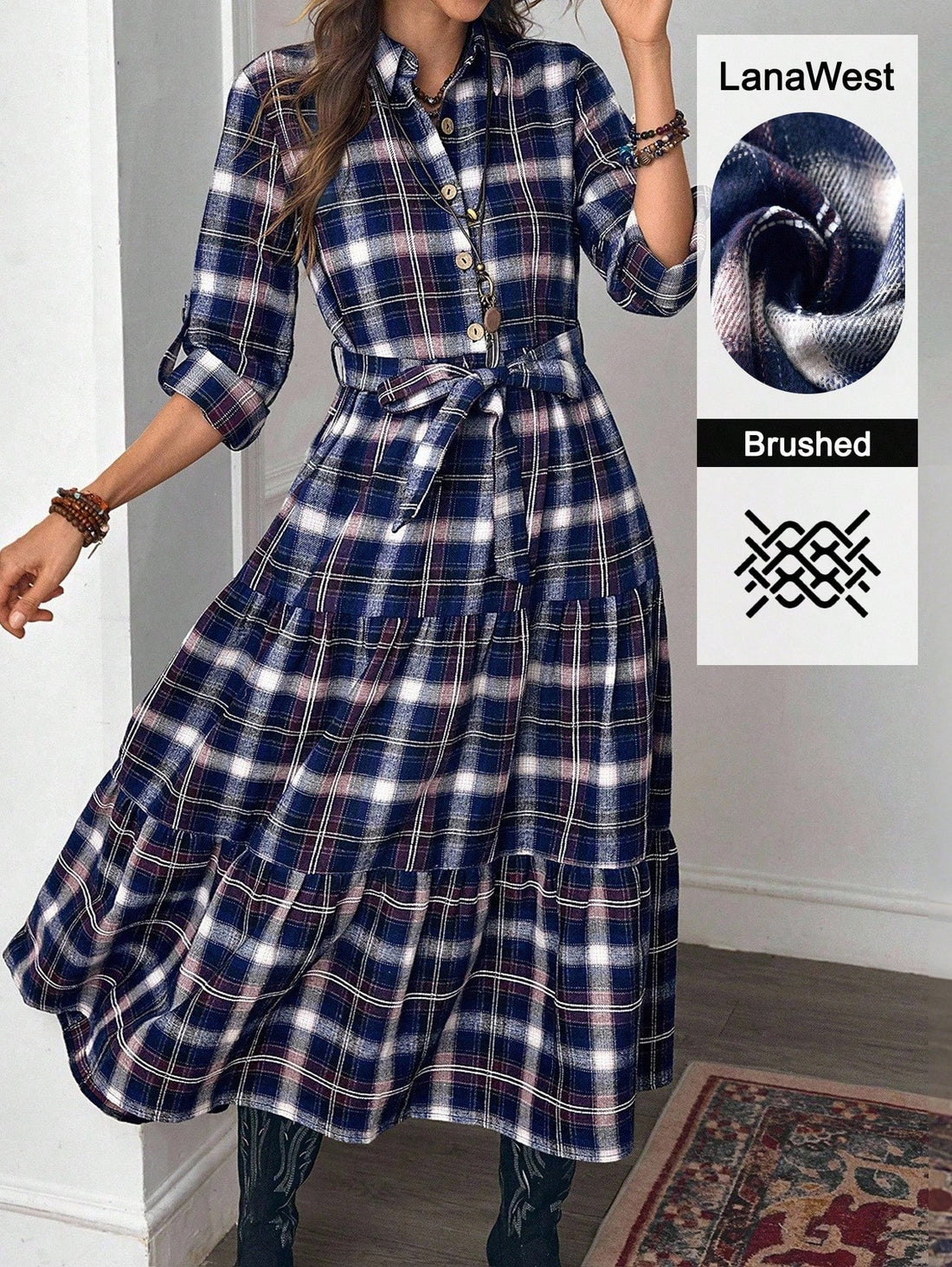 Embrace the season in this stunning autumn plaid maxi dress that perfectly blends Western charm with bohemian flair. Featuring a rich multi-color plaid pattern, long sleeves, and a flattering waist belt, this dress transitions effortlessly from casual coffee dates to cozy fall gatherings. The button-front design adds vintage-inspired detail while the flowing maxi silhouette keeps you comfortable and stylish. Perfect for anyone seeking that effortless boho-Western vibe this autumn.