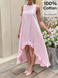 Step into sunshine with this playful baby pink cotton dress, designed to keep you cool and charming all day long. Its sleeveless cut lets you move freely, while the ruffled asymmetrical hem adds a flirty twist to your look. Perfect for twirling through warm days or casual outings, this long dress blends comfort and fun effortlessly.