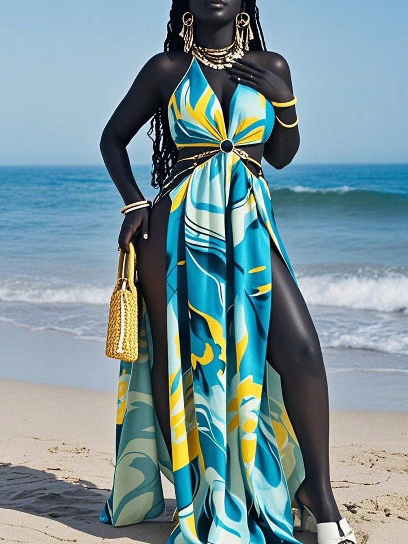 Unlock stunning style on vacation with our Women's Backless Halter Dress! The sexy marble print and high slit make it perfect for fun in the sun. Prepare to turn heads in this must-have dress!