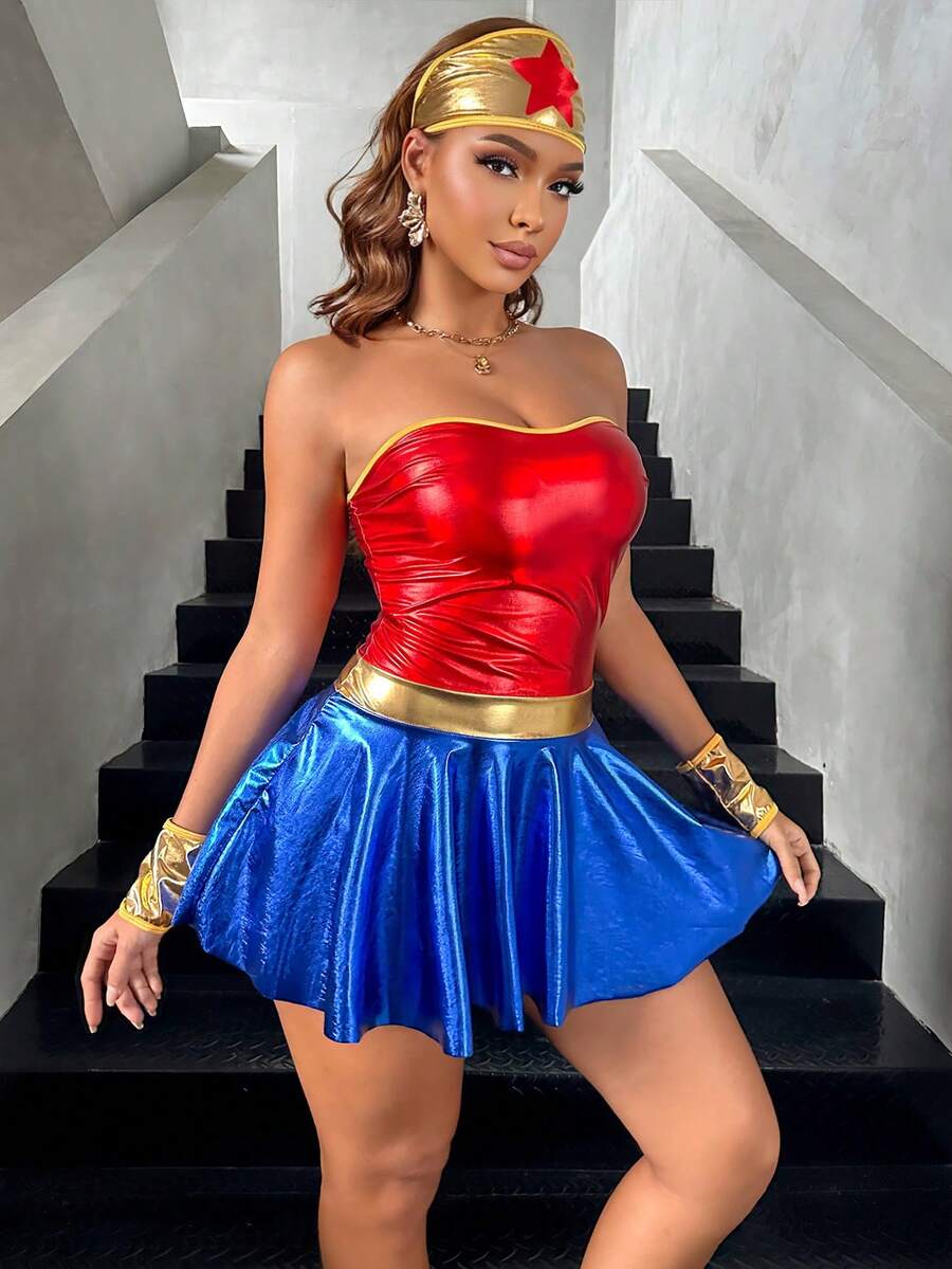 Front view of red and blue strapless fantasy costume set with gold trim