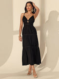 Slip into effortless summer vibes with this chic black maxi dress. The long straps and strategic cutout details add just the right amount of edge to keep things interesting, while the flowing silhouette keeps you cool and comfortable all season long. Perfect for casual outings, beach days, or those moments when you want to look put-together without trying too hard. Dress it up with sandals and jewelry or keep it laid-back with sneakers—this versatile piece does it all.
