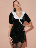 Get ready to turn heads at autumn/winter celebrations with this striking black velvet cocktail dress! With a fitted silhouette that flatters every curve and a romantic bow detail that adds a touch of whimsy, you'll be the talk of the party. Perfect for any occasion, this dress is a must-have for your wardrobe.