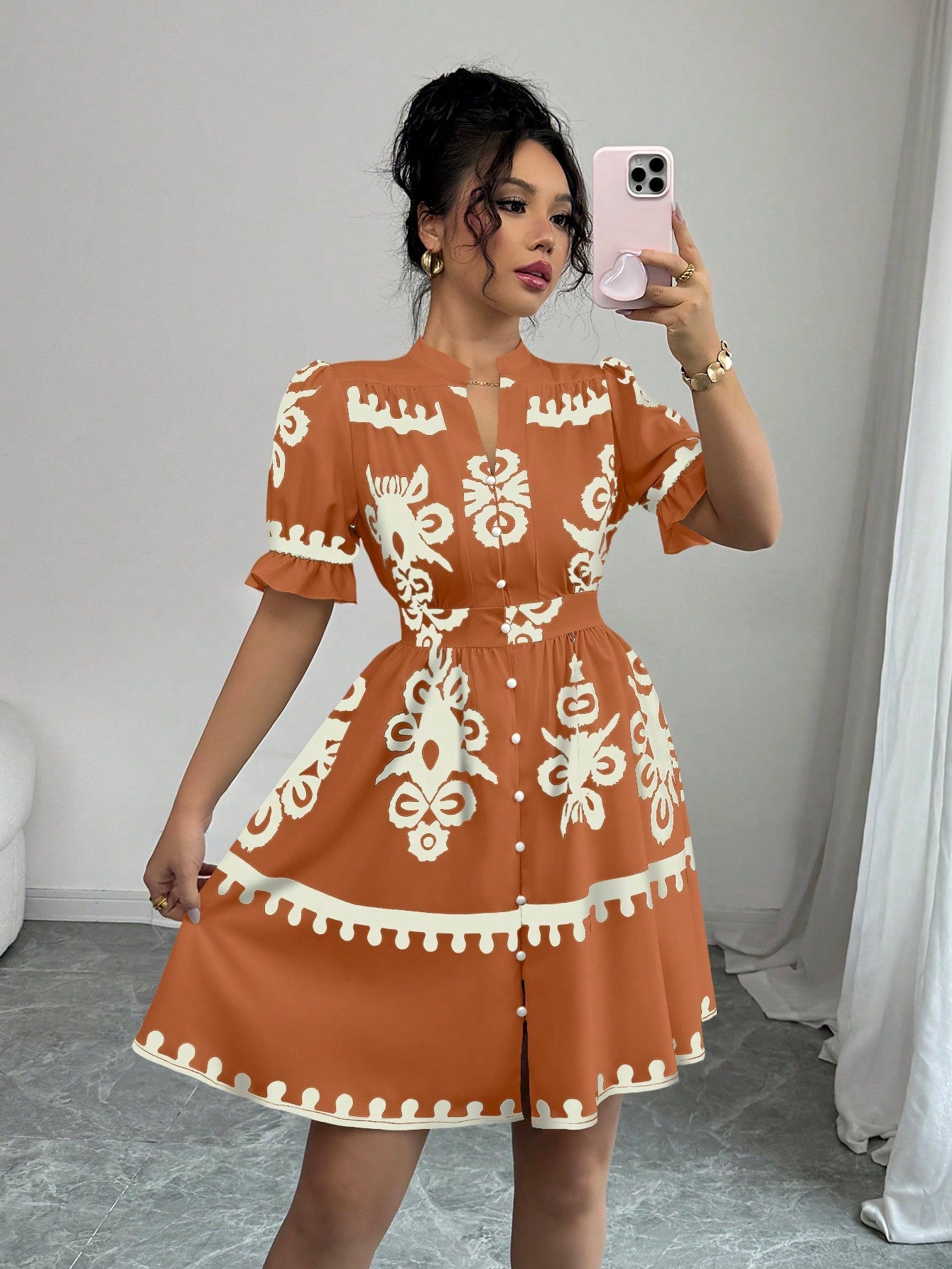ladies casual midi dresses Women's Floral Print V-Neck Dress with Cinched Waist Color:Brown/Yellow This hot Floral Print Short Sleeve Primary Fabric_100% Cotton Flannel