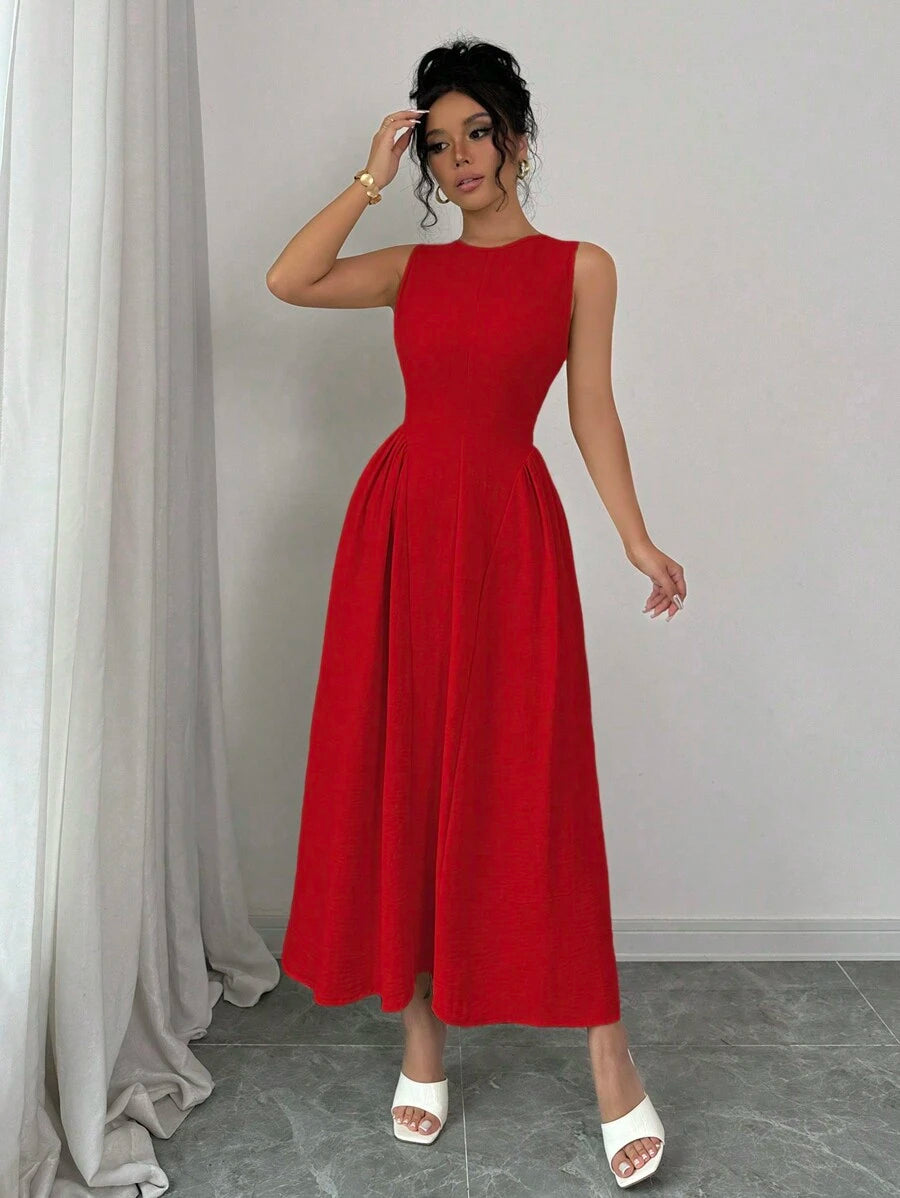 Front view of red sleeveless fit and flare midi dress with round neck