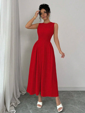 Front view of red sleeveless fit and flare midi dress with round neck