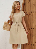 Front view of Women's Casual Solid Color Mini Dress with Waist Tie - Perfect Summer Style for women dress styling
