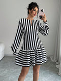Step out in style with this playful women's casual striped mini dress. Featuring a flirty cutout neckline and charming lantern sleeves, it effortlessly combines comfort and fun. The breezy fit and classic stripes make it perfect for anything from weekend brunch to spontaneous adventures. Add a dash of whimsy to your wardrobe with this easy-to-wear dress that’s ready to brighten your day.