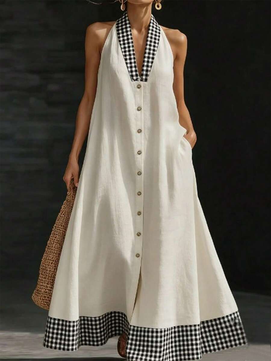 Cream halter maxi dress front view with gingham trim buttons and pocket