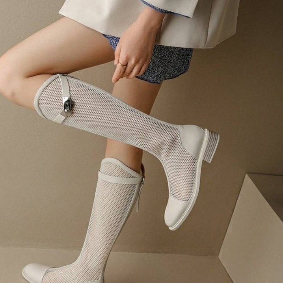 Front view of Women's Chic Mesh Cut-Out Tall Boots - Breathable Summer Sandals with Soft Leather and Pointed Toe for punk motorcycle boot styling