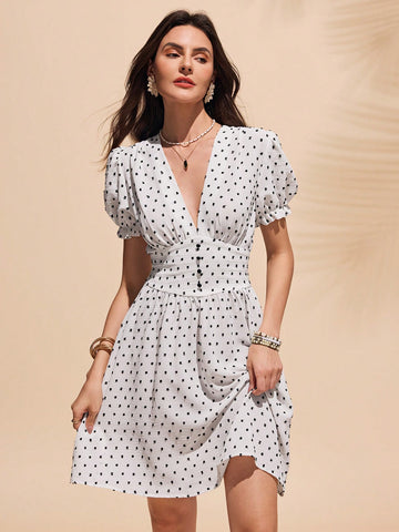 Get ready to turn heads with our Women's Classic Polka Dot Mini Dress! This dress features a deep v-neck that adds a touch of style and flair to any outfit. The polka dot pattern adds a playful and quirky element to this wardrobe essential. Perfect for any occasion, this mini dress is sure to make a statement!