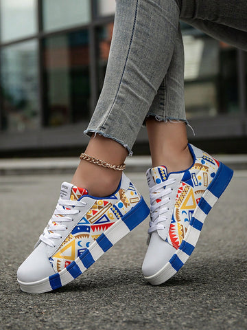 Introducing our Women's Colorblock Graffiti Lace Up Sneakers - the perfect blend of fashion and function. These lightweight sneakers feature a trendy color block design and graffiti accents, making them a stylish addition to any outfit. With a comfortable lace-up closure, these sneakers are both fashionable and practical for everyday wear.