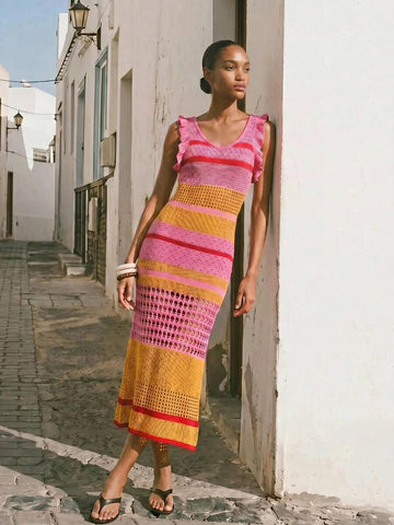 Women's Colorblock Ruffle V-Neck Sweater Dress - Perfect for Summer Beach Vacations 