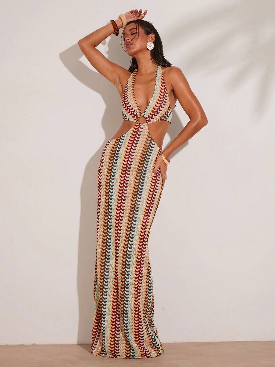 Full front view of multicolor halter cutout bodycon maxi dress with mermaid hem