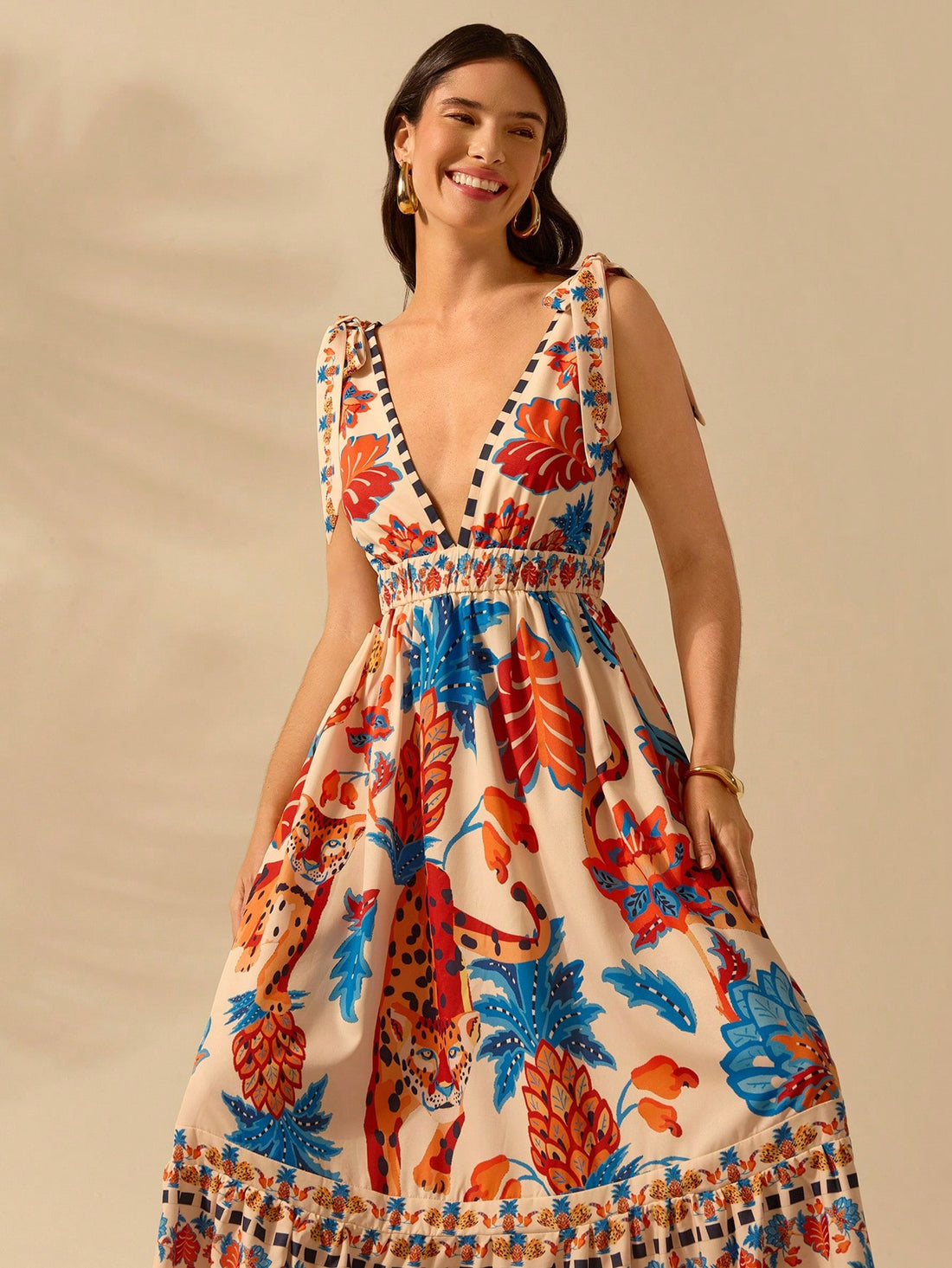 Get ready to unleash your wild side with our Women's Deep V-Neck Sleeveless Tie Strap Boho Beach Dress! The playful animal print adds a touch of quirkiness while the tie straps provide a customizable fit. Perfect for a day at the beach or a fun night out, this dress will have you turning heads! (Meow!)