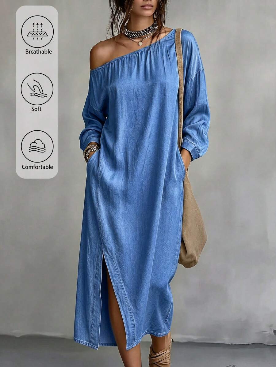 Front detail view of cornflower blue denim dress with pockets and wide neckline
