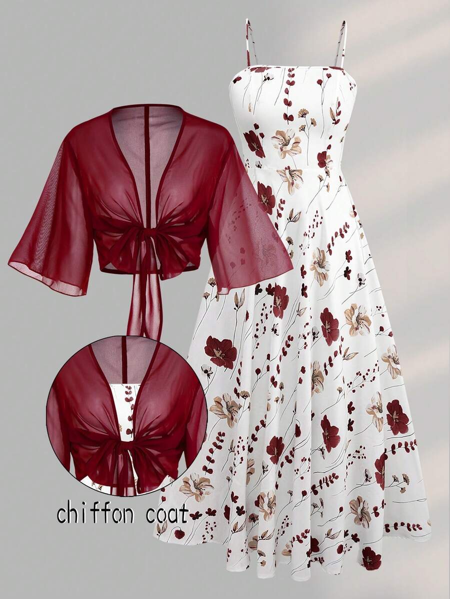 Embrace effortless elegance with this charming two-piece set, perfect for spring and summer occasions. The lightweight chiffon dress features a delicate ditsy floral print that brings a romantic, feminine touch to any wardrobe. The coordinating shawl adds versatility—wear it draped over your shoulders for warmth or styled as an accessory for layered looks. 
