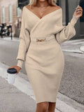 Elevate your autumn and winter wardrobe with this sophisticated knit dress. The elegant off-shoulder neckline creates a flattering, feminine silhouette, while the fitted design accentuates your curves. Long sleeves provide warmth and coverage, and delicate chain detailing adds a touch of glamour to the bodice.
