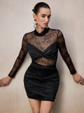 Turn heads and own the night in this stunning bodycon mini dress that perfectly blends elegance with edge. Featuring intricate lace patchwork details against a sleek silhouette, this dress hugs your curves in all the right ways while the lace accents add a touch of sophisticated allure. Whether you're hitting the club, catching a night out with friends, or making a grand entrance at an event, this versatile piece delivers major confidence and undeniable style. Dress it up with heels and statement jewelry fo
