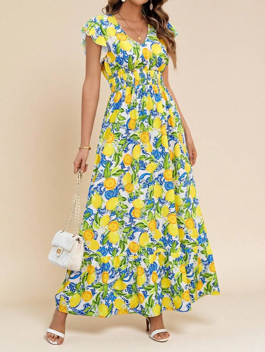 Step into sunny vibes with this Women's Elegant Shirred Cap Sleeve Fruit Print Dress. The playful fruit pattern pairs perfectly with its chic shirred design and flirty cap sleeves, making it your go-to for beach days or summer outings. Lightweight and breezy, it offers effortless style and comfort wherever the season takes you.