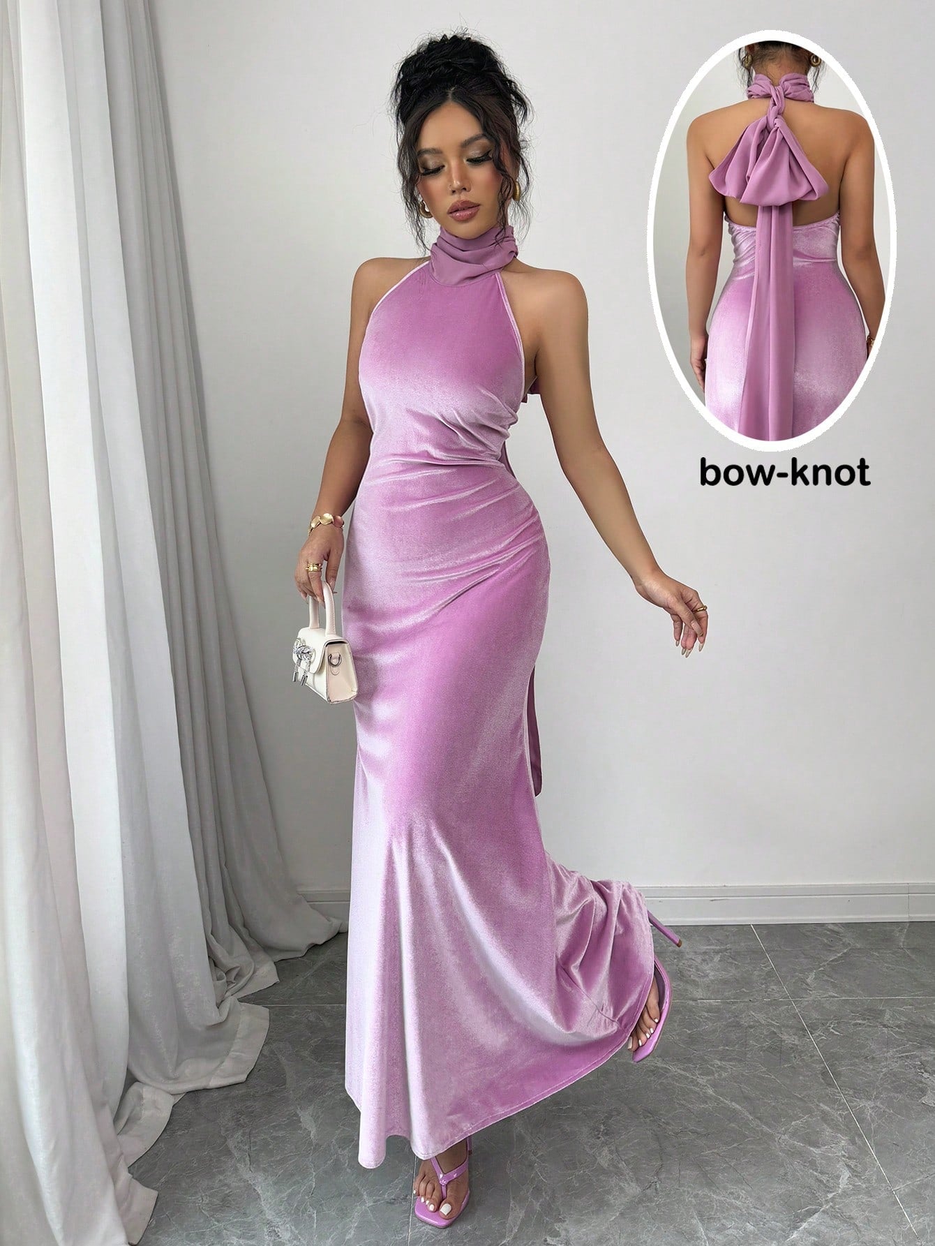 luxurious chiffon dresses Women's Elegant Tie Neck Velvet Dress for Timeless Sophisticat – Canary Houze Size:72