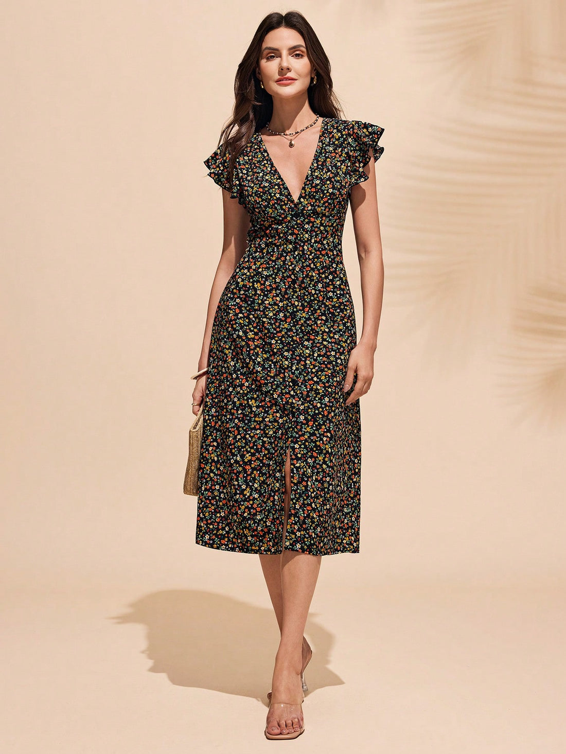 This dress is the perfect combination of elegance and fun. With a fitted slim V-neck design, it flatters your figure while the flared sleeves add a playful touch. Whether you're dressing up for a special occasion or just want to feel stylish on a daily basis, this dress has got you covered.