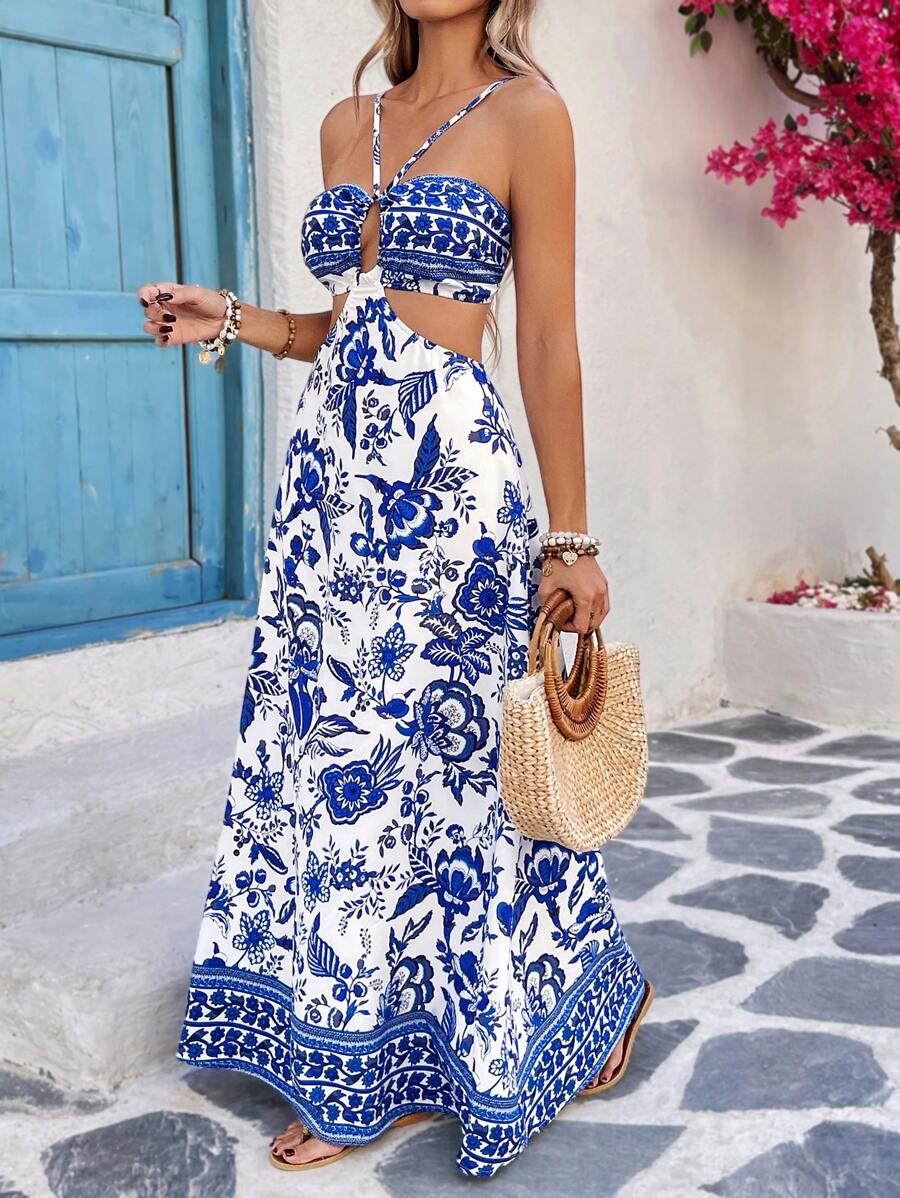 Embrace effortless spring and summer style with this charming floral A-line dress. Featuring delicate spaghetti straps, a high-waisted silhouette, and an eye-catching hollow-out back detail, this piece perfectly blends boho elegance with casual comfort. The flowing flared hem and vibrant blue floral pattern make it ideal for country concerts, festivals, and warm-weather gatherings. Crafted from 100% polyester woven fabric, it's easy to care for and designed for all-day wear. A versatile wardrobe essential t