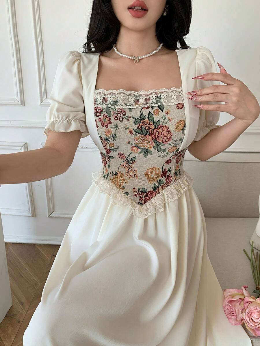 Front view of vintage floral tapestry bodice puff sleeve maxi dress showing visible color, print, and silhouette