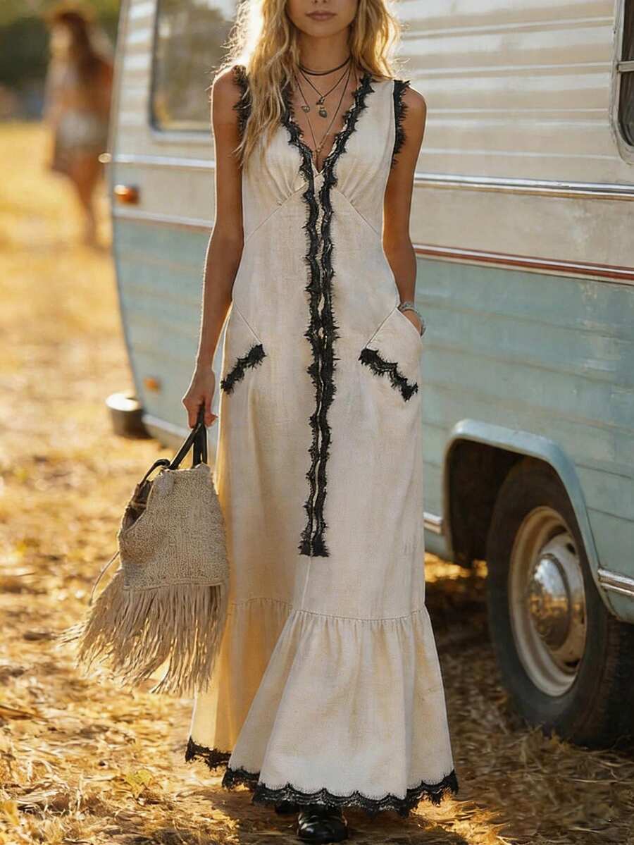 Front view of cream V neck boho maxi dress with black lace trim by vintage van