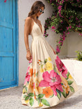 Elevate your summer wardrobe with this stunning floral print maxi dress. Featuring a deep V-neckline, backless design, and criss-cross detailing, it's the perfect choice for beach getaways and special celebrations. The high-waisted silhouette with ruched bust and flared hem creates a flattering, bohemian-inspired look. Crafted from a comfortable woven fabric blend of 95% polyester and 5% elastane, this sleeveless A-line dress offers effortless elegance for any warm-weather occasion. Machine washable for eas