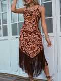 Step into summer with this playful Women's Floral Print Patchwork Fringe Camisole Dress. Featuring a vibrant mix of floral patterns and charming fringe details, it brings a carefree boho vibe perfect for sunny days and warm nights. The lightweight camisole design keeps you cool and comfortable, making it your go-to dress for festivals, beach outings, or casual hangouts. Embrace effortless style and fun with this unique patchwork piece that adds a splash of color and movement to your wardrobe.
