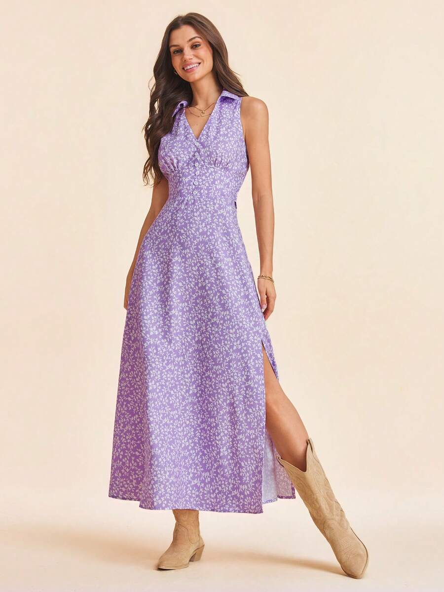 Front view of mauve purple floral maxi dress with V-neck and thigh slit