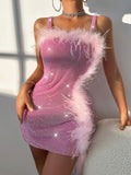Pink feather trim sequin mini dress with square neckline