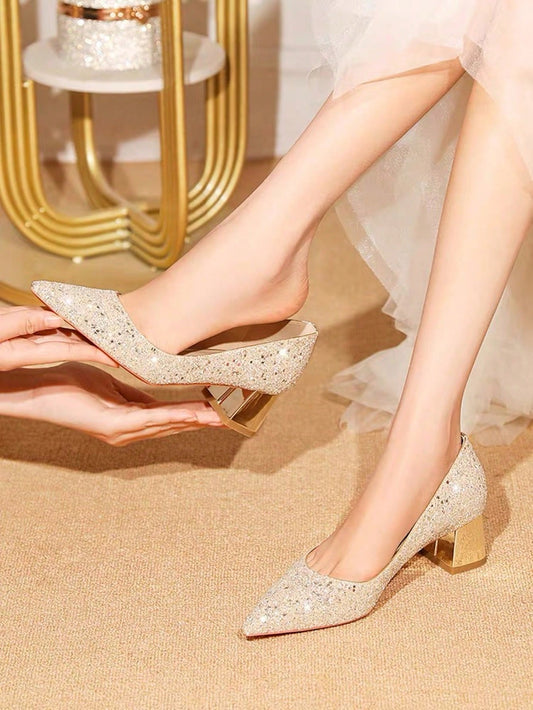 Women's Glitter Chunky Heel Party Pumps. These pumps feature a sparkling glitter design and a comfortable chunky heel, perfect for dancing the night away. With these pumps, you'll shine bright and stand out in any crowd.