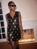 Shine bright and steal the show in this dazzling mini dress adorned with sparkling sequin stars. Its playful V-neck and sleeveless cut keep it flirty and fun, making it the perfect choice for nights when you want to be unforgettable. Lightweight and eye-catching, this dress promises a standout style wherever you go.