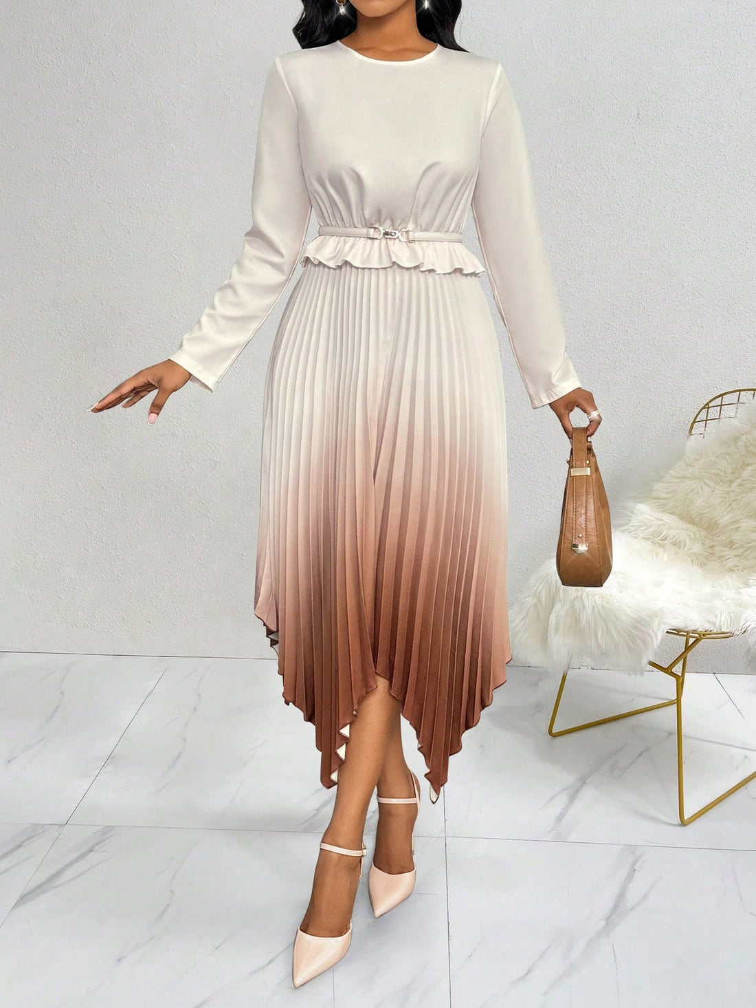 Step into fall with flair in this Women's Gradient Asymmetrical Pleated Dress. Its playful gradient colors and unique pleated design add a twist of elegance, perfect for turning heads at any autumn outing. The asymmetrical hem flirts with every step, making this dress a fun and stylish choice for your seasonal wardrobe.