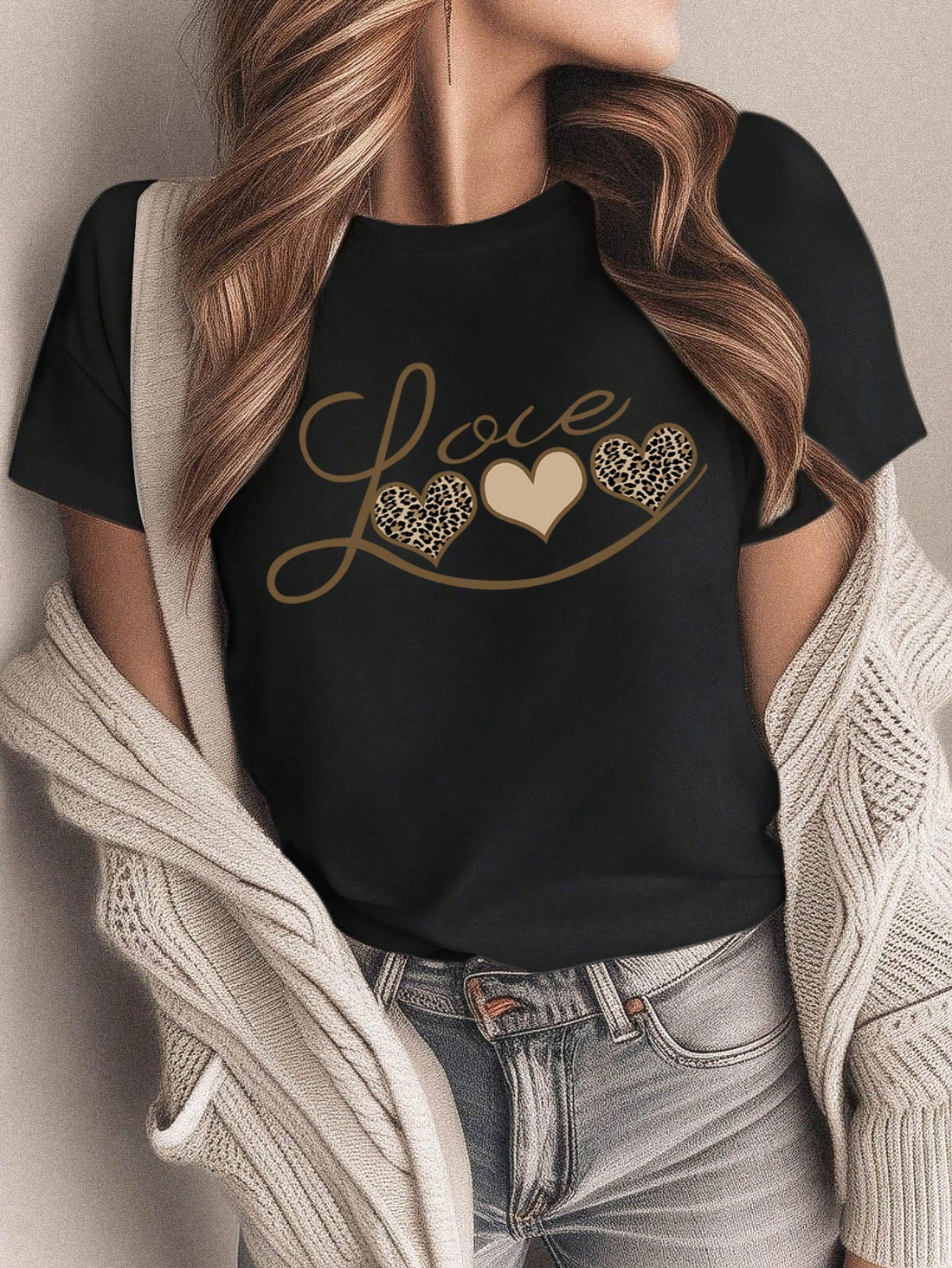 Get ready to show off your wild side with our Women's Heart English Leopard Print T-Shirt! This playful and stylish tee features a round neck, short sleeves, and a mid-length fit perfect for Valentine's Day or casual wear. The graphic cheetah print adds a touch of quirkiness to any outfit. Get yours now!