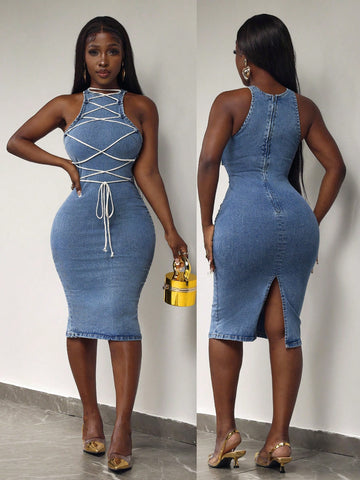 Get ready to turn heads with our Women's Lace-Up Denim Dress! This stylish and sexy sleeveless fit is perfect for any occasion. Lace-up detailing adds a touch of edge, while the denim fabric provides a flattering and comfortable fit. Upgrade your wardrobe with this must-have dress.