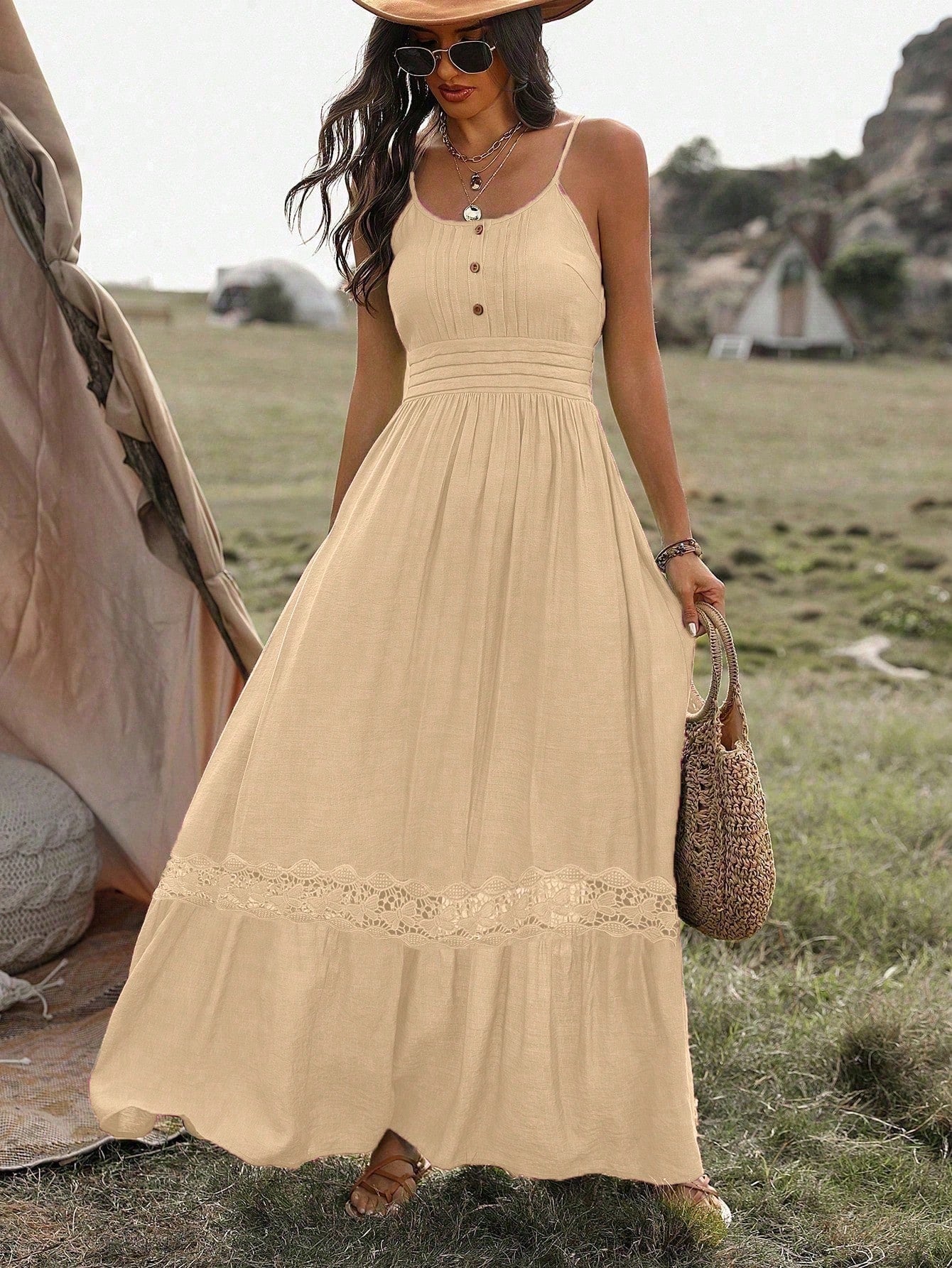 Step into summer with this playful Women's Lace Ruffle Hem Cami Dress. Its flowing maxi length and delicate lace details create a breezy, chic look perfect for beach vacations or sunny days out. The ruffled hem adds a flirty touch, while the cami straps keep it light and comfortable. Embrace effortless style and let your summer adventures begin!