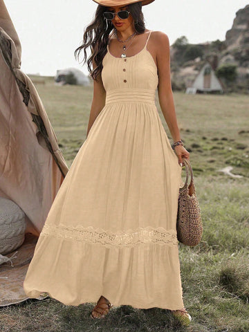 Step into summer with this playful Women's Lace Ruffle Hem Cami Dress. Its flowing maxi length and delicate lace details create a breezy, chic look perfect for beach vacations or sunny days out. The ruffled hem adds a flirty touch, while the cami straps keep it light and comfortable. Embrace effortless style and let your summer adventures begin!