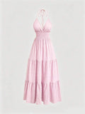 Baby pink halter mini dress with gathered high waist