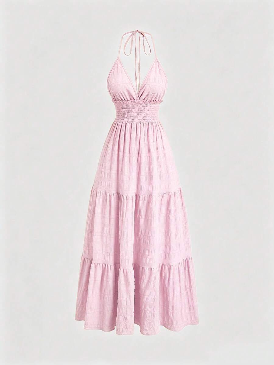 Baby pink halter mini dress with gathered high waist