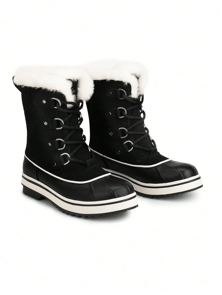 Step out in style and warmth with these Women's Mid-Calf Faux Fur Waterproof Lace-Up Boots. Designed to keep your feet cozy and dry, their plush faux fur lining adds a cuddly touch while the waterproof exterior shields you from snow and slush. The secure lace-up design offers a custom fit, and the anti-slip soles keep your footing steady on winter’s slipperiest days. Perfect for snowy adventures or cozy strolls—these boots bring both comfort and fun to chilly weather!