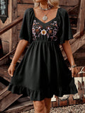 Step into charm with this Women's Mid Sleeve Embroidered Ruffle Hem Dress! Featuring delicate embroidery and a flirty ruffle hem, it cinches at the waist to highlight your silhouette. Perfect for adding a playful yet elegant touch to any occasion.